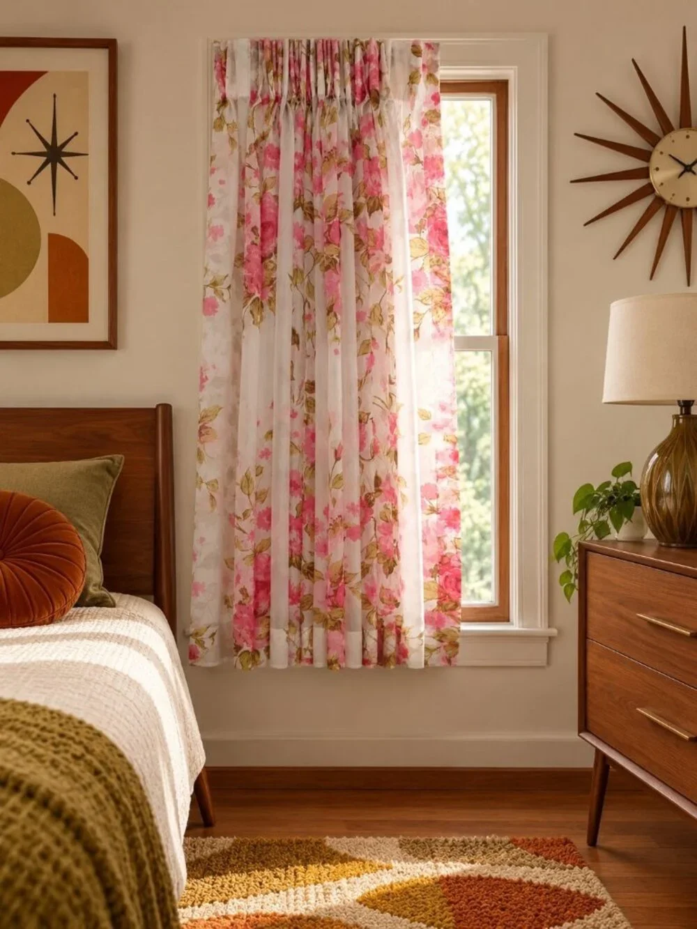 Vintage 1950s Drapes Curtains Weighted Corners Gauzy White Rose Pattern 48